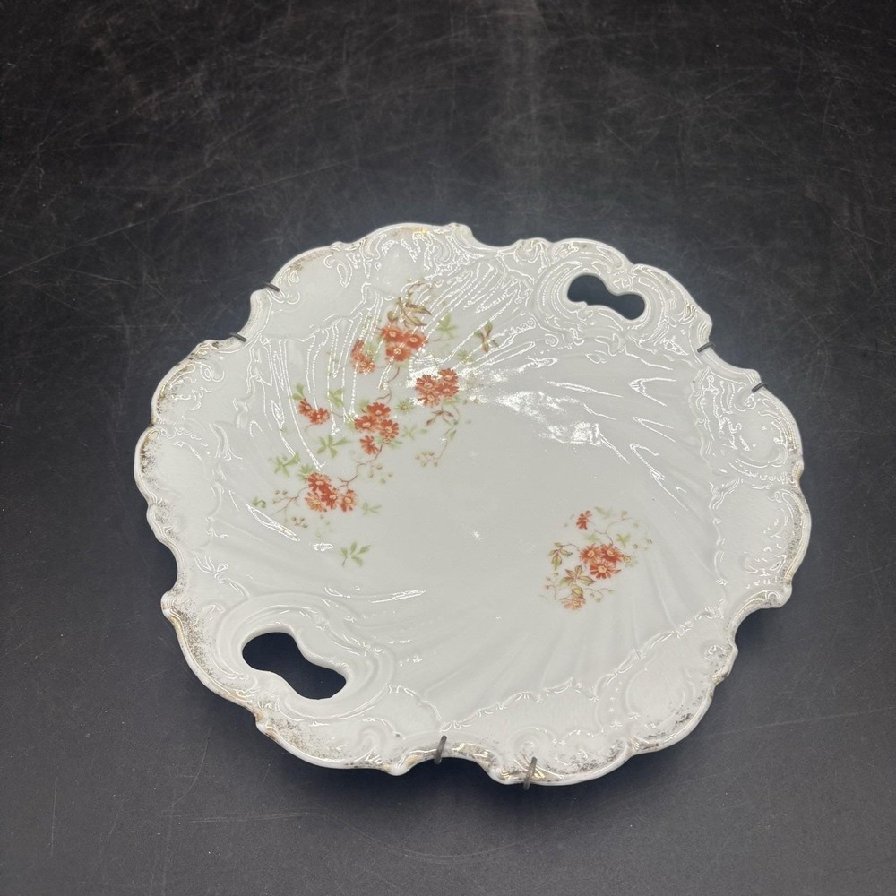 Vintage 2 Handled Autum Flower Serving Plate Raised Embossed Gold Trim 9 1/4"